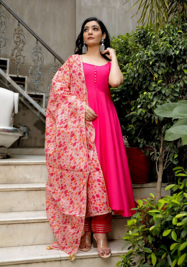 Pink Solid Suit Set With Floral Print Kota Doriya Dupatta 202-PNK