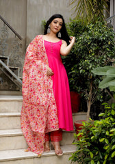 Pink Solid Suit Set With Floral Print Kota Doriya Dupatta 202-PNK