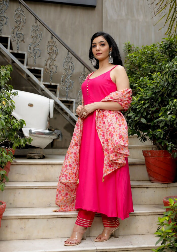 Pink Solid Suit Set With Floral Print Kota Doriya Dupatta 202-PNK