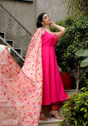 Pink Solid Suit Set With Floral Print Kota Doriya Dupatta 202-PNK