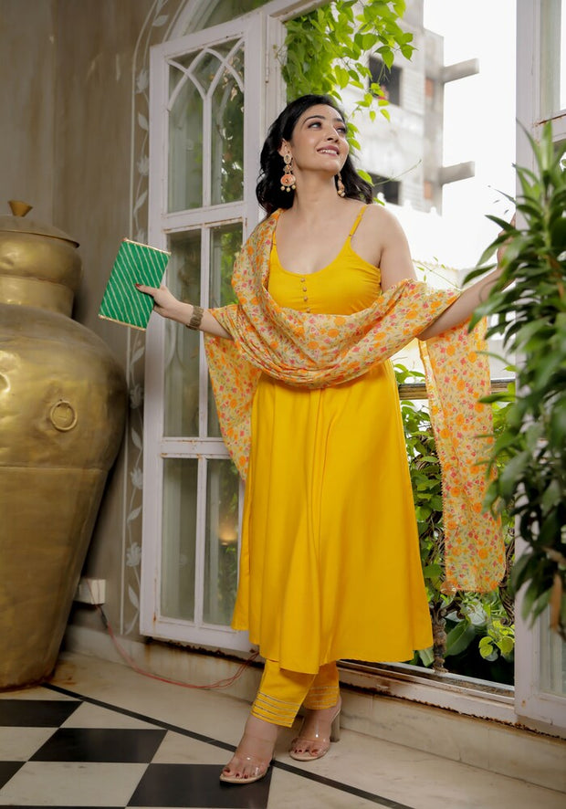 Yellow Solid Suit Set With Floral Print Kota Doriya Dupatta 202-YLW