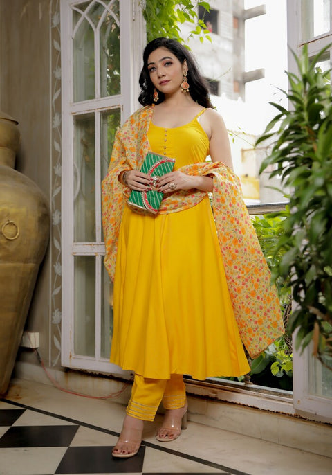 Yellow Solid Suit Set With Floral Print Kota Doriya Dupatta 202-YLW