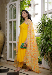 Yellow Solid Suit Set With Floral Print Kota Doriya Dupatta 202-YLW
