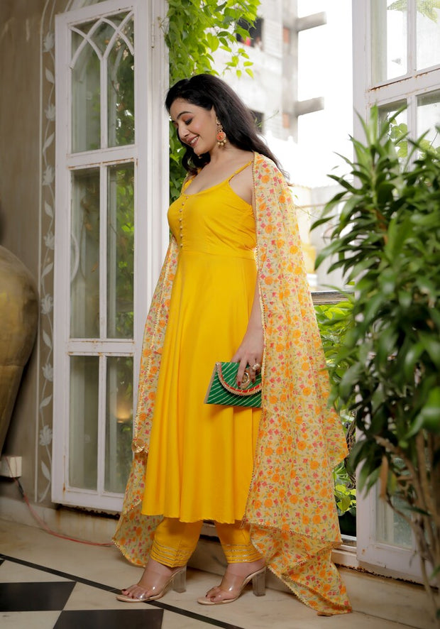 Yellow Solid Suit Set With Floral Print Kota Doriya Dupatta 202-YLW