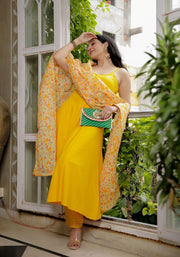 Yellow Solid Suit Set With Floral Print Kota Doriya Dupatta 202-YLW