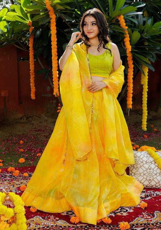 Yellow Handcrafted Kota Doriya Kalidar Lehenga for Haldi &amp; Parties