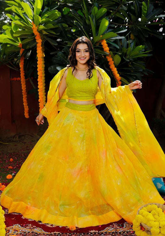 Yellow Handcrafted Kota Doriya Kalidar Lehenga for Haldi &amp; Parties