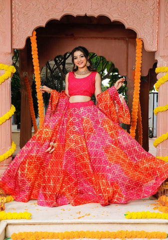 Bandhani Pink Kota Doriya Lehenga for Party & Festive Wear 