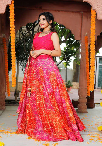 Bandhani Pink Kota Doriya Lehenga for Party & Festive Wear 