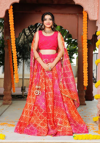 Bandhani Pink Kota Doriya Lehenga for Party & Festive Wear 