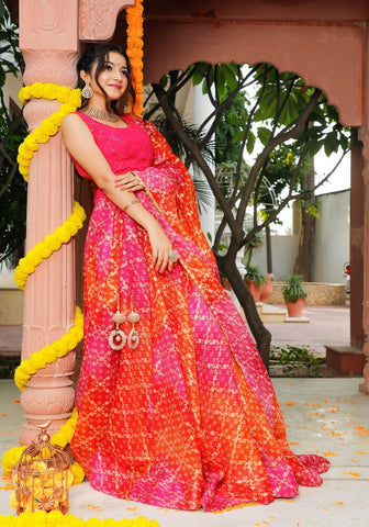 Bandhani Pink Kota Doriya Lehenga for Party & Festive Wear 