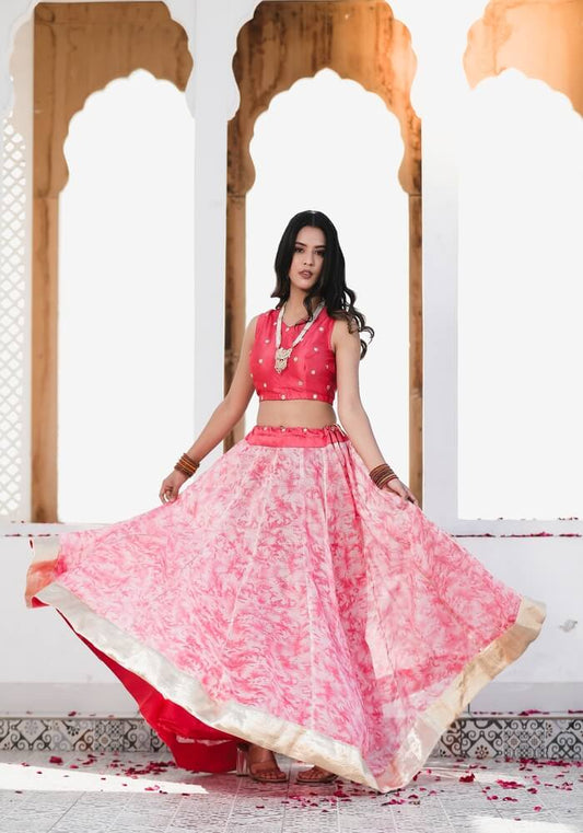 Peach Kota Doriya Printed Lehenga Set online 