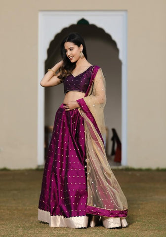 Maya Wine  Embellished Silk Lehenga Choli Set with Net Dupatta