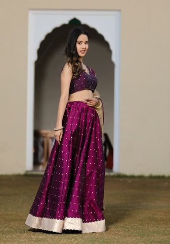 Maya Wine  Embellished Silk Lehenga Choli Set with Net Dupatta