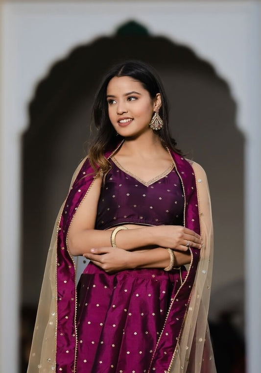 Maya Wine  Embellished Silk Lehenga Choli Set with Net Dupatta