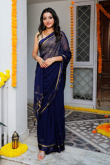 Blue Satin Patta Swarovski Work Saree  101-BLU