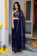 Blue Satin Patta Swarovski Work Saree  101-BLU