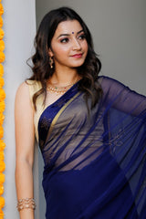 Blue Satin Patta Swarovski Work Saree  101-BLU