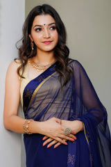 Blue Satin Patta Swarovski Work Saree  101-BLU