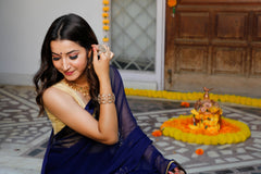 Blue Satin Patta Swarovski Work Saree  101-BLU