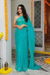 Green Satin Patta Swarovski Work Saree  101-GRN