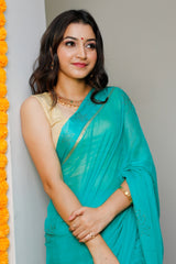 Green Satin Patta Swarovski Work Saree  101-GRN