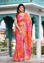 Pink-Orange Foil Printed Kota Doriya Saree 103-PNK