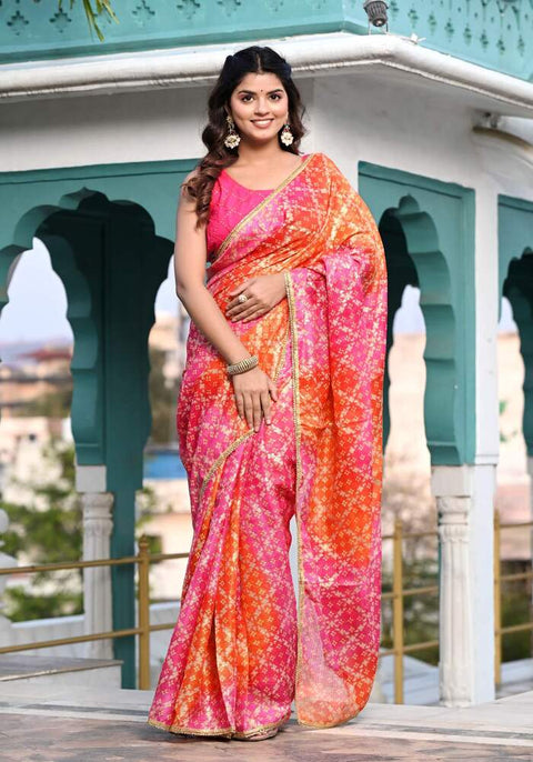 Pink-Orange Foil Printed Kota Doriya Saree 103-PNK