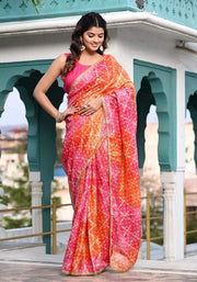 Pink-Orange Foil Printed Kota Doriya Saree 103-PNK