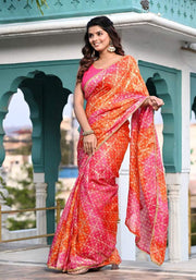 Pink-Orange Foil Printed Kota Doriya Saree 103-PNK