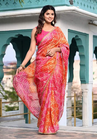 Pink-Orange Foil Printed Kota Doriya Saree 103-PNK