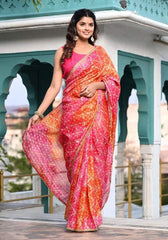 Pink-Orange Foil Printed Kota Doriya Saree 103-PNK