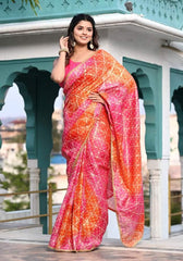 Pink-Orange Foil Printed Kota Doriya Saree 103-PNK