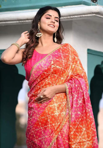 Pink-Orange Foil Printed Kota Doriya Saree 103-PNK