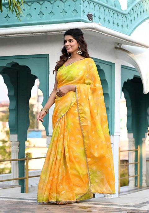 Yellow-Green Foil Printed Saree 110-YLW