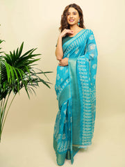 Soft cotton zari border printed saree  121-BLU
