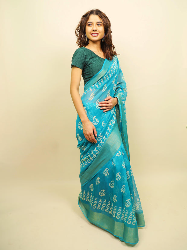 Soft cotton zari border printed saree  121-BLU