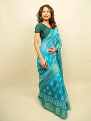 Soft cotton zari border printed saree  121-BLU