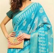Soft cotton zari border printed saree  121-BLU