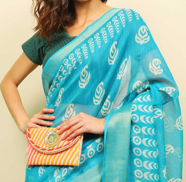 Soft cotton zari border printed saree  121-BLU
