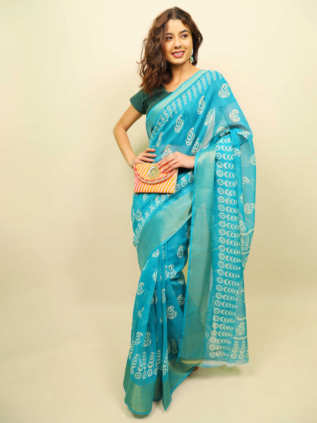 Soft cotton zari border printed saree  121-BLU