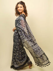 Soft cotton zari border printed saree  122-BLU