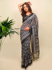 Soft cotton zari border printed saree  122-BLU