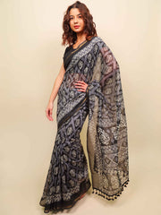 Soft cotton zari border printed saree  122-BLU