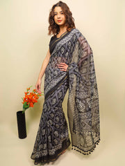 Soft cotton zari border printed saree  122-BLU