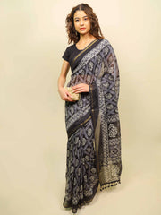 Soft cotton zari border printed saree  122-BLU