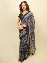 Soft cotton zari border printed saree  122-BLU