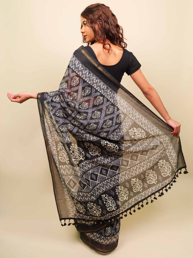 Soft cotton zari border printed saree  122-BLU