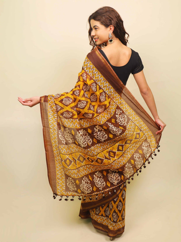 Soft cotton zari border printed saree  122-YLW