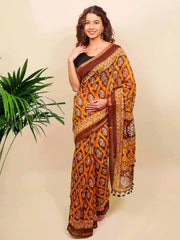 Soft cotton zari border printed saree  122-YLW